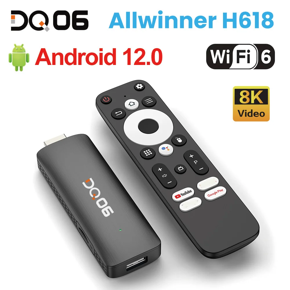 DQ06 ATV Mini TV Stick Android12 Allwinner H618 Quad Core Cortex A53 Support 8K Video 4K 60fps Wifi6 BT5.0 Build in BT Voice Rem