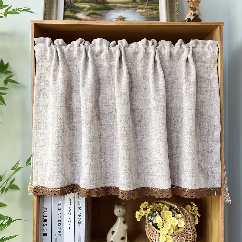 1pc or 2pcs Linen Look Café Curtain with Lace Trim, Rod Pocket Short Curtain for Kitchen Cabinet, Small Window, Shelf & Storage