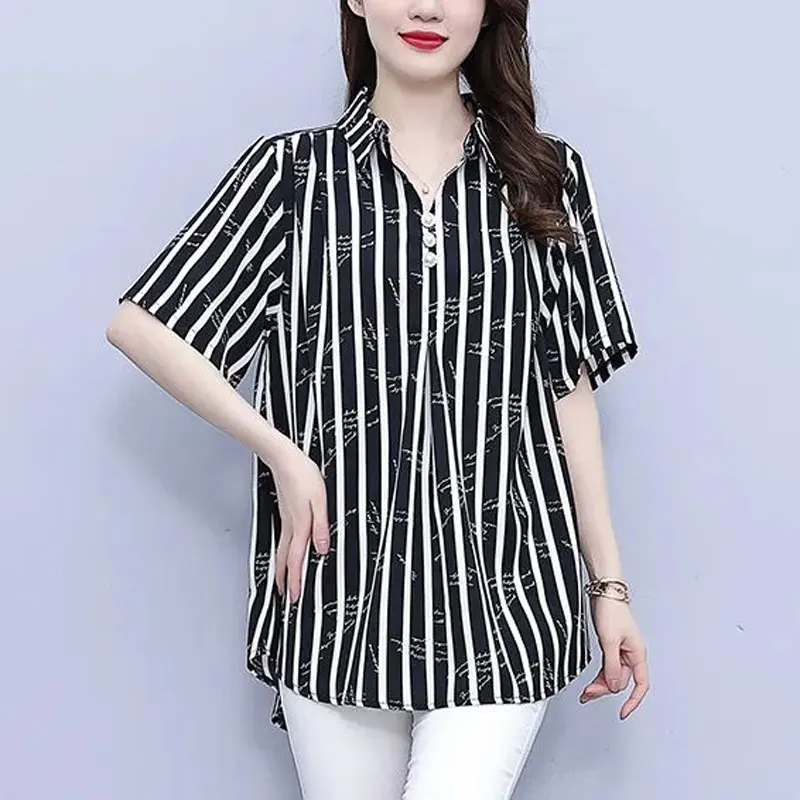 Fashion Striped Printed Letter Shirt Women\'s Clothing Turn-down Collar Button Commute Summer Casual Loose Short Sleeve Blouse