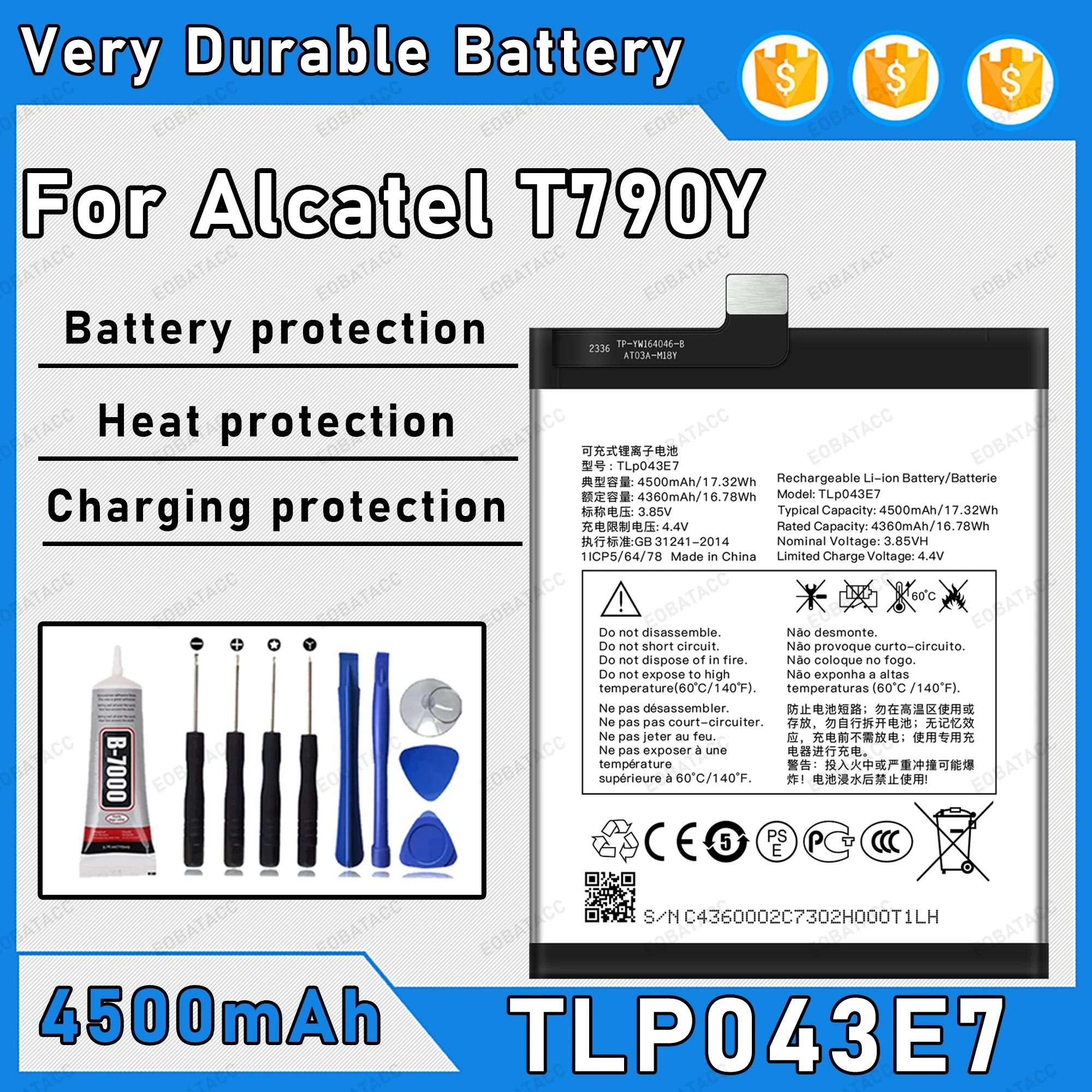 

4500mAh 100% New TLP043E7 Battery For Alcatel T790Y Replacement Bateria+Free Tools