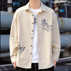 Autumn Winter Letter Print Loose Casual Blouse Man Long Sleeve Y2K Korean Style Male Shirt Vintage Gentmen Streetwear Clothes