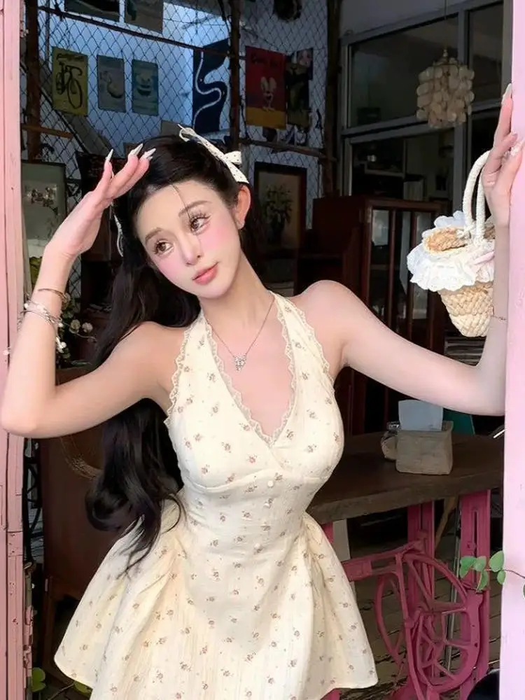 Unique Floral Print ter Dr Women's Summer New Waist Cinching Slimming Beautiful Bal Strapl High Waist A-Line Dr