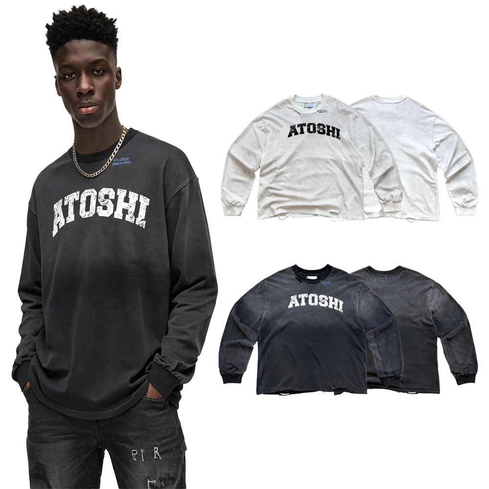 Y2k Streetwear Harajuku Retro Letter Graphic T Shirts Hiphop Street Style Cotton Distressed Ripped Hole Casual Full Sleeves Tees