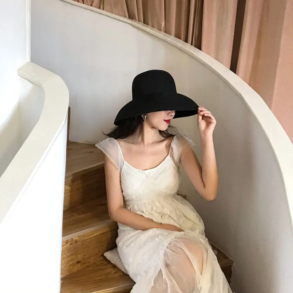 Retro Style Wide Brim Straw Hat Female Summer Sunshade Beach Cap Hepburn Elegant Bonnet Breathable Foldable Sun Hat