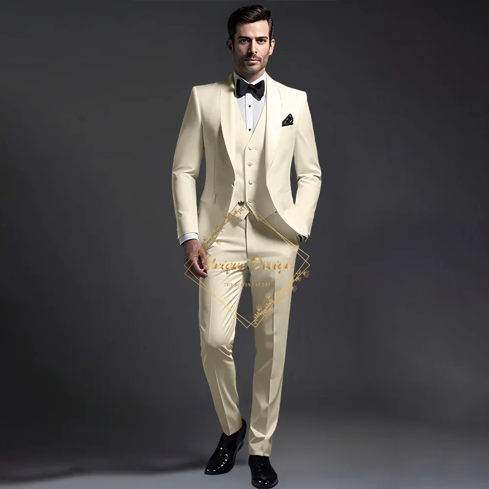 Men's white shawl Lapel 3PCS Suit Sophisticated Business Contemporary Formal Attire Wedding Dinner Prom Party Custom Tuxedo