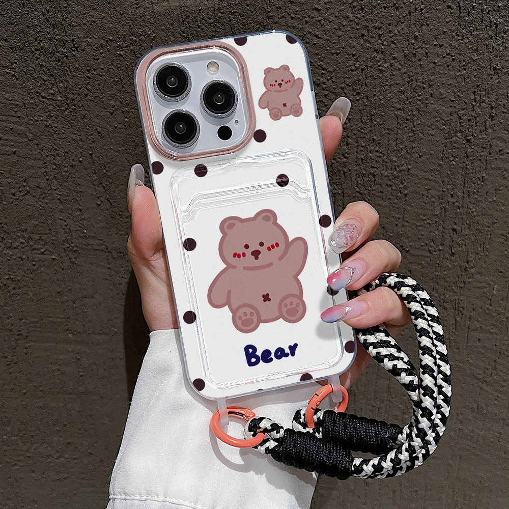 

Cute Bear Wrist Phone Chain Soft Phone Case For iPhone 14 Pro 13 11 12 15 16 Pro Max 7 8 Plus XR XS X SE 2020 Card Holder Cover