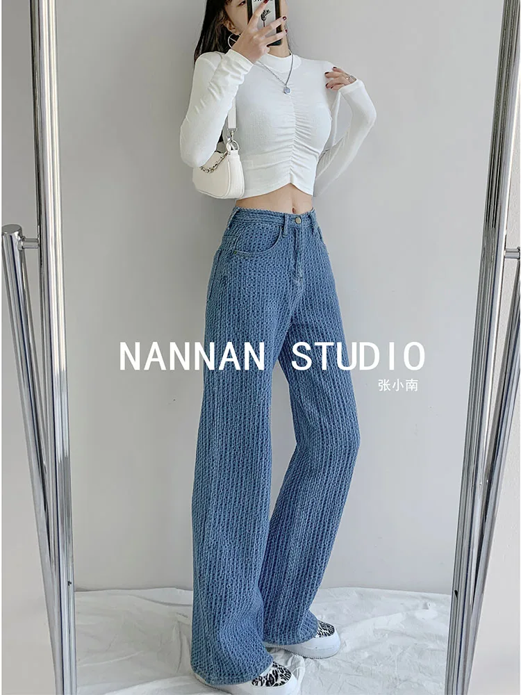 Harajuku Retro Solid Color Design Women Denim Pants Autumn Winter High Waist Loose Wide Leg Jean Trousers Vintage Streetwear