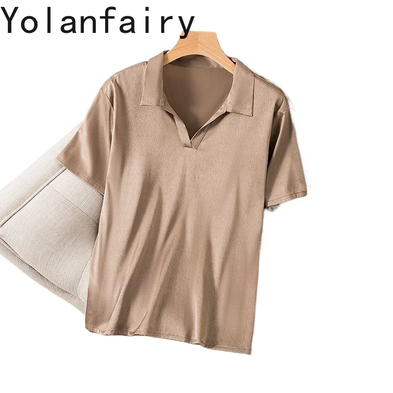

YOLANFAIRY 93% Mulberry Silk Summer Blouse Woman Stretch Silk Herringbone Pattern Womens Tops Short Sleeve T Shirt Polo Collar