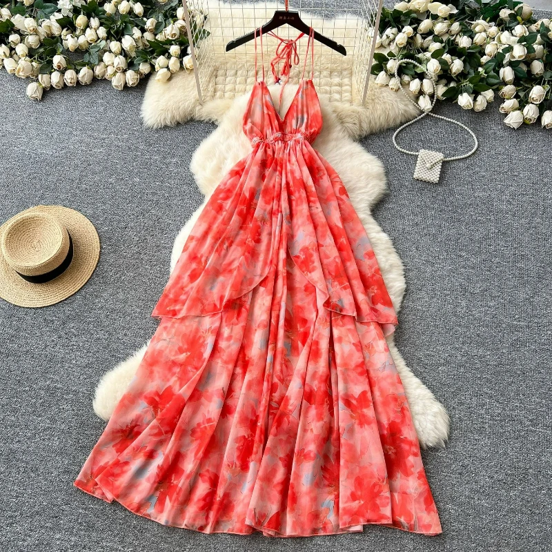 

Women Print Dresses V Neck Sleeveless Spliced Floor Length Dress A Line Strapless Halterneck Beach Vestidos Summer Backless