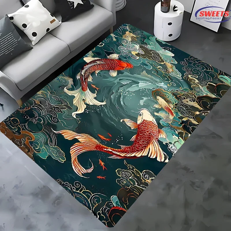 3D National Trend Koi Carp Playing Cloud Carpet Living Room Rug Room Decor Summer Indoor Floor Mat Color Office Multi-scene Rug