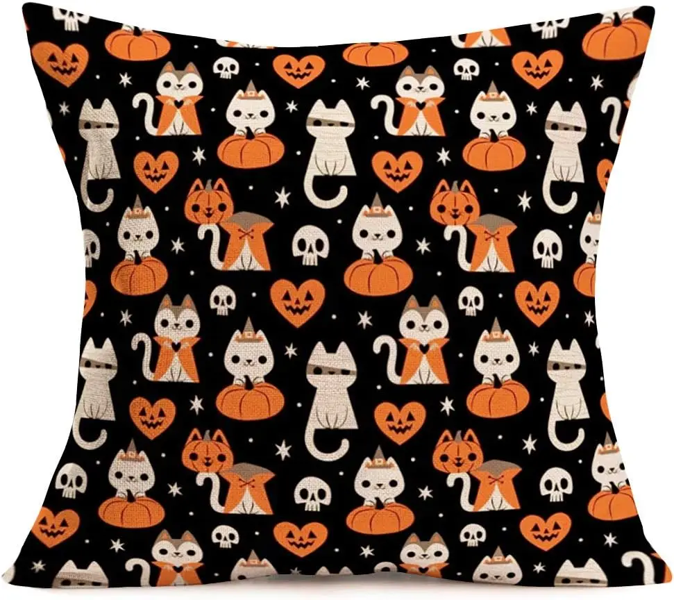 Halloween Party Throw Pillow Cover Cute Cat Pumpkin Maple Leaf Pillowcase Linen Square Cushion Cover Home Decoration