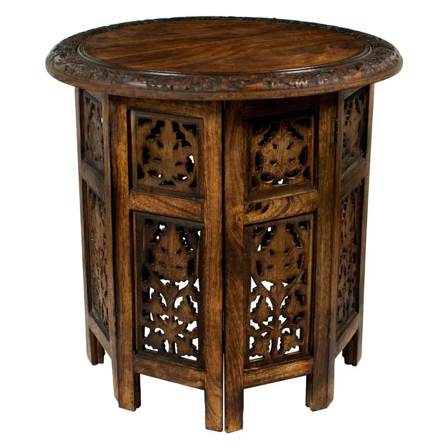 

Wood Accent End Table Hand Carved Vintage Boho Folding Side Table Small Spaces Entryway Farmhouse Living Room Bedside No Tools A