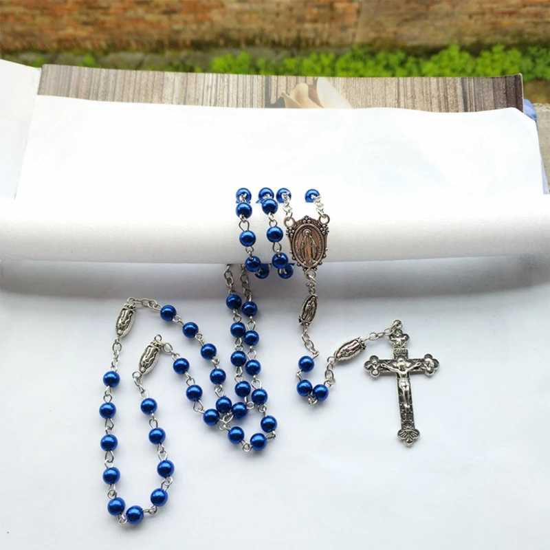 Crystal Glass Rosary Beads Necklace Rosaries Catholic Gift with Medals 6mm Blue Prayer Bead Catolic Jewelry Present Dropsale