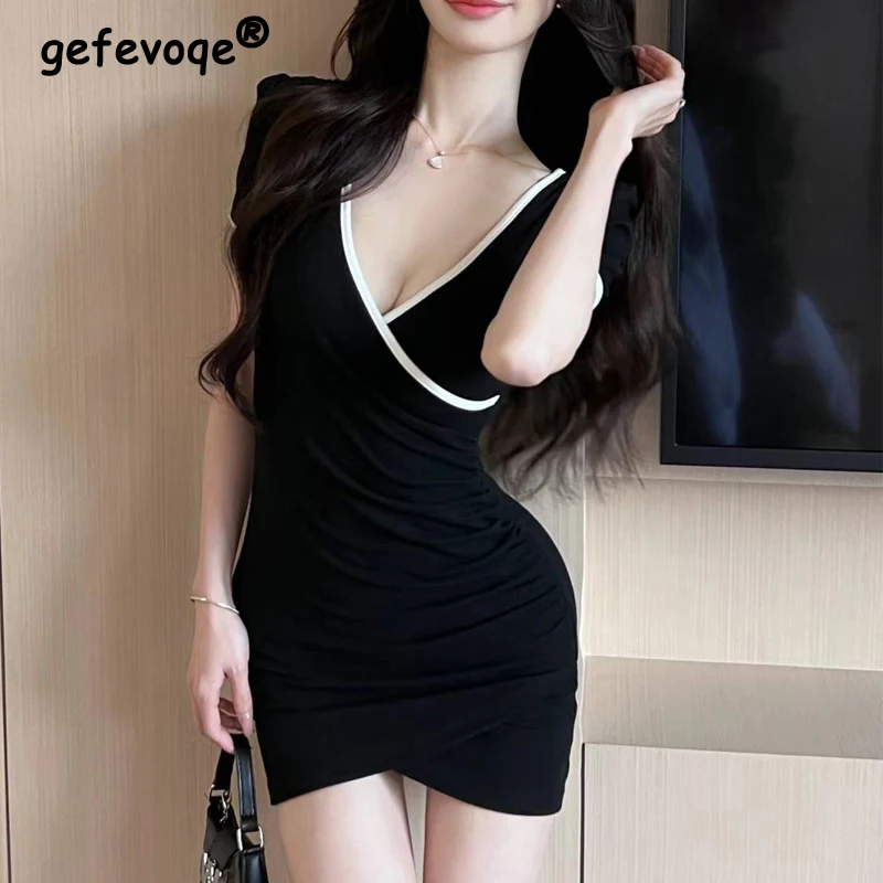 

Women Sexy Deep V Neck Ruched Kpop Bodydcon Dresses 2024 Summer Fashion Short Sleeve Irregular Y2K Nightclub Mini Dress Vestidos