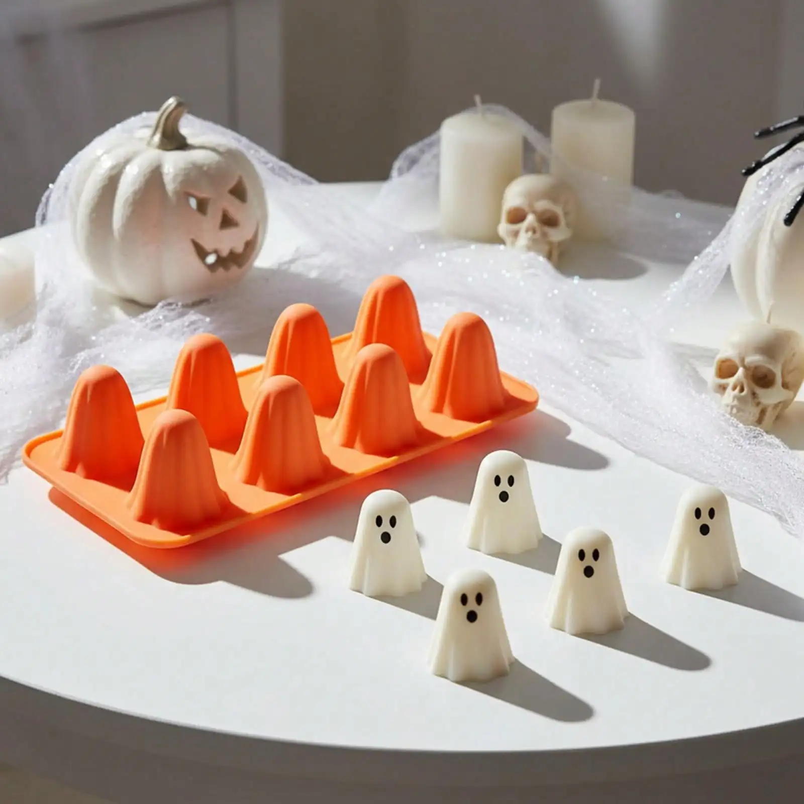 3D Halloween Ghost Shaped Silicone Baking Mold, Lovely 8-Cavity Non-Stick Tray Perfect for Homemade Chocolate, Candy, Pudding view 5