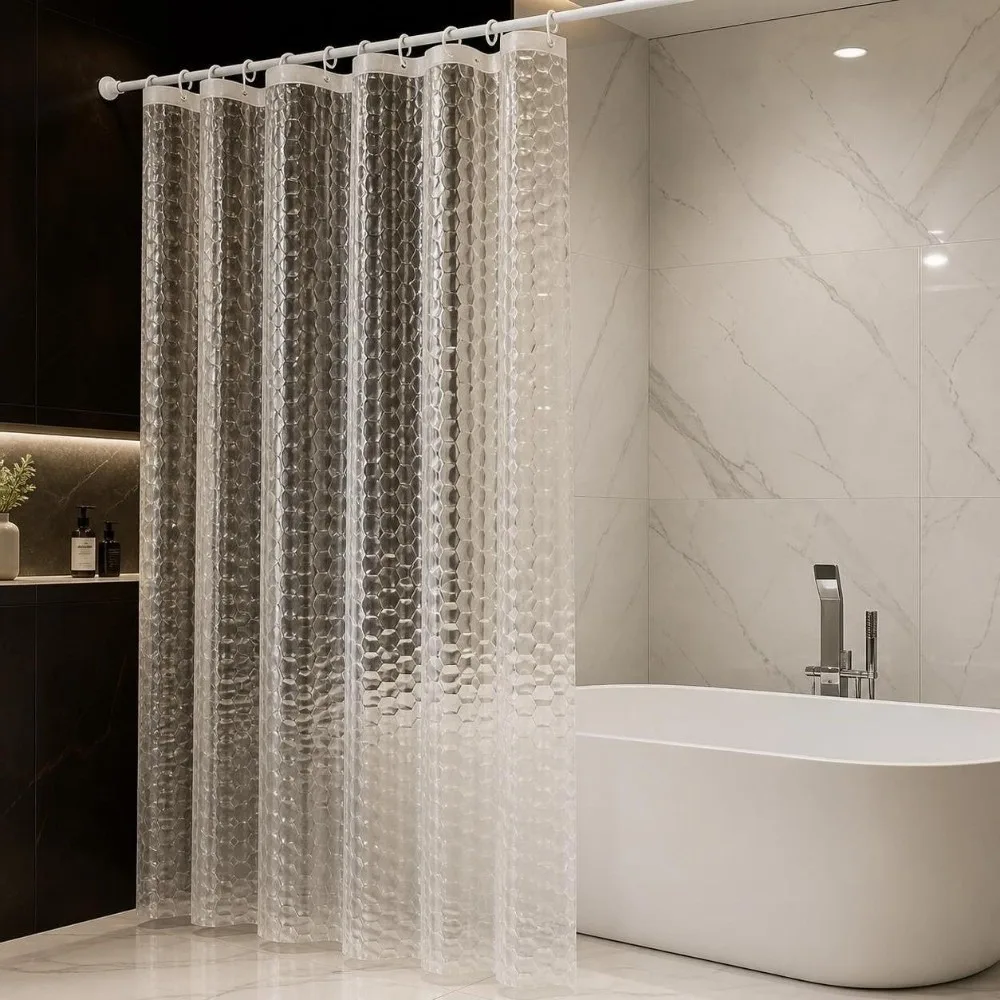 Semi-Transparent Shower Curtain Water Cube Pattern with Hooks Bath Curtains Liner Easy-Clean Thick Bathroom Curtain