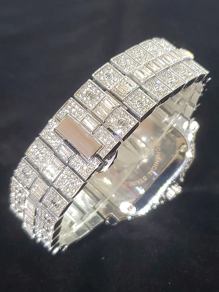 Męskie zegarki kwadratowa biała tarcza świecący punkt luksusowy diamentowy zegarek dla mężczyzny Iced Hip Hop biżuteria zegarki z kalendarzem Dropshipping