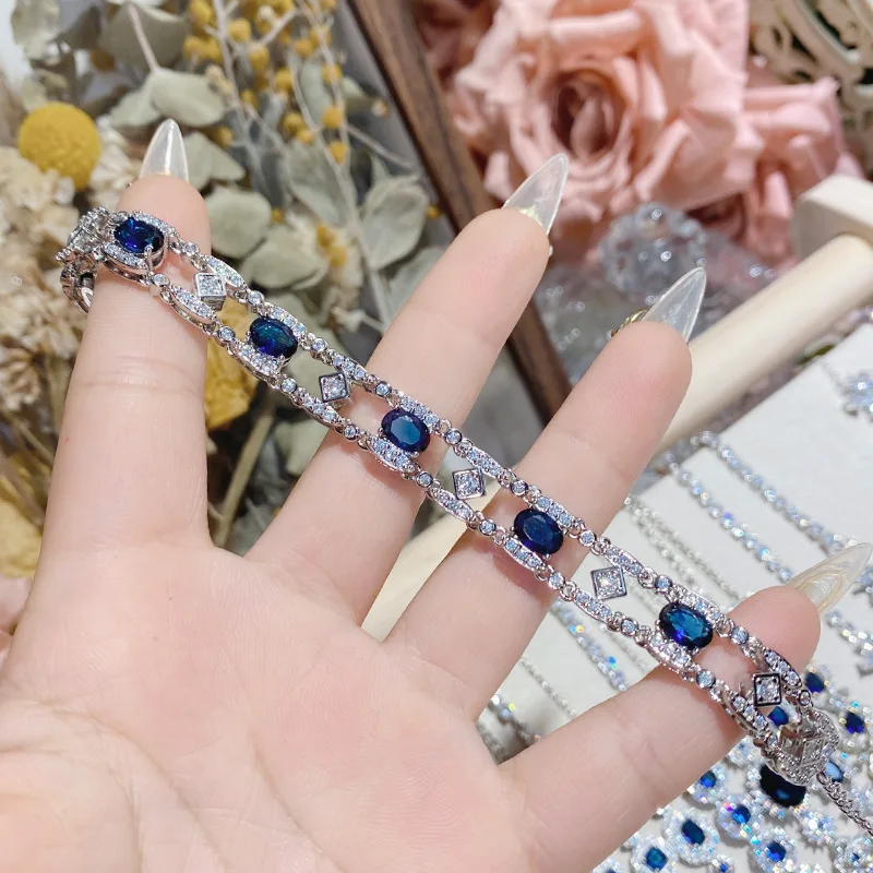 Vintage Fine Jewelry Bracelets for Women Created Sapphire Blue Gemstone Silver Color Handpiece Engagement Party Accessory