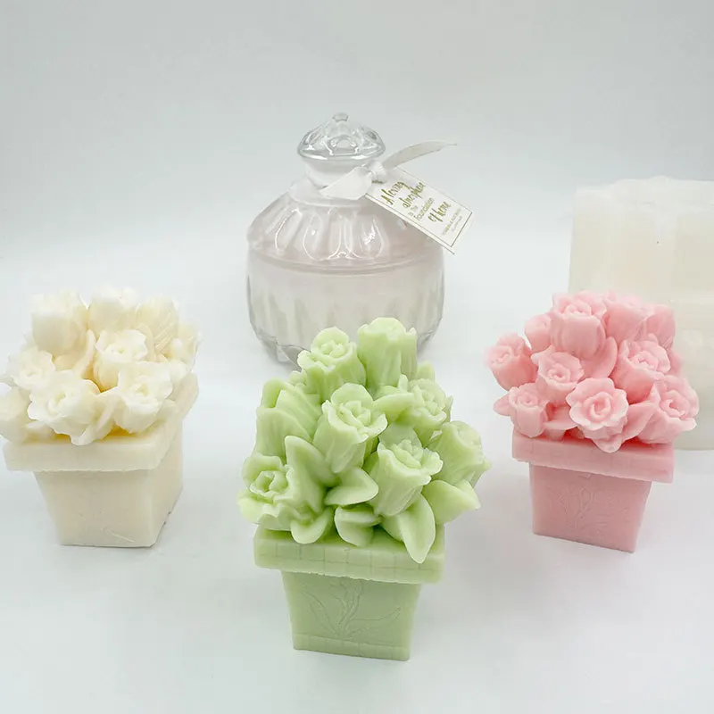 Molde de silicona de ramo de rosas, cesta de flores hecha a mano, molde de yeso de resina de jabón, herramienta de fabricación de cubitos de hielo de pastel de Chocolate DIY, decoración de boda