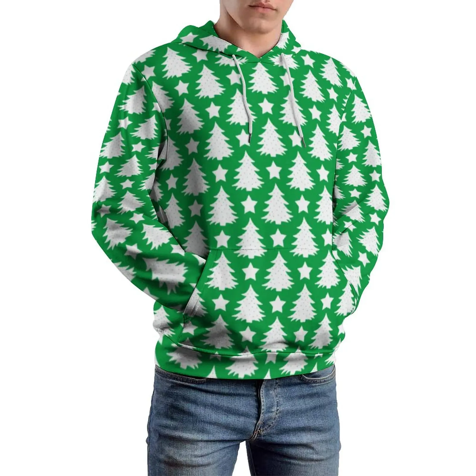 

Whimsical Christmas Tree Casual Hoodies Long Sleeve Star Green White Pretty Hoodie Winter Fashion Oversize Hooded Sweatshirts