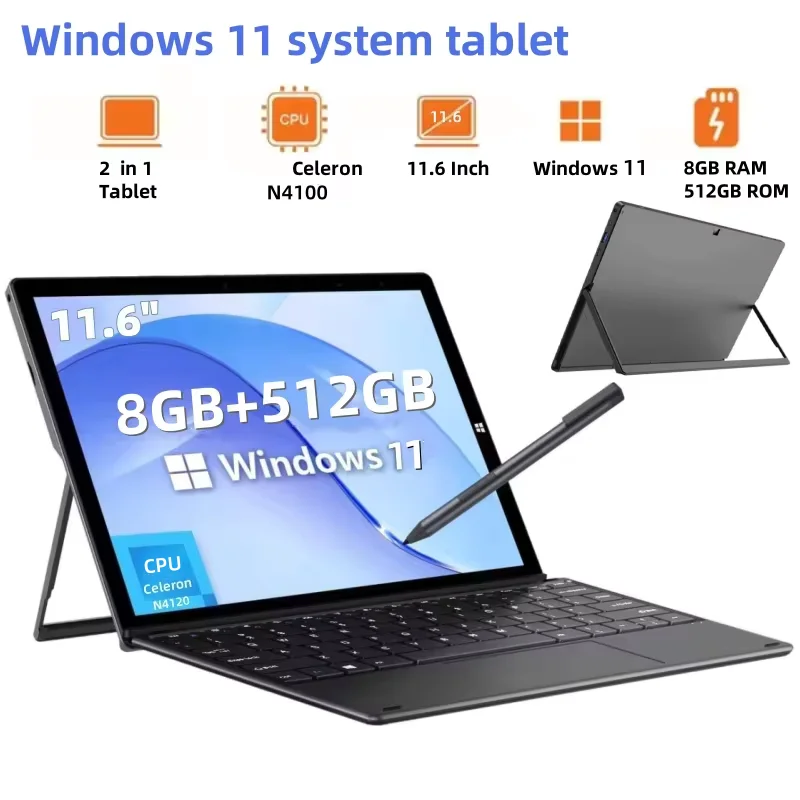 2026 New 11.6 Inch Windows 11 Tablets Intel Celeron N4100 1920 x 1080 IPS 8GB DDR3-RAM 512GB EMMC ROM 2 x USB 3.0 WIFI
