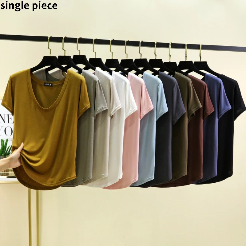 

Летняя однотонная модальная футболка с короткими рукавами для женщин, большой размер, подходит для ношения в качестве нижнего белья или пижамы