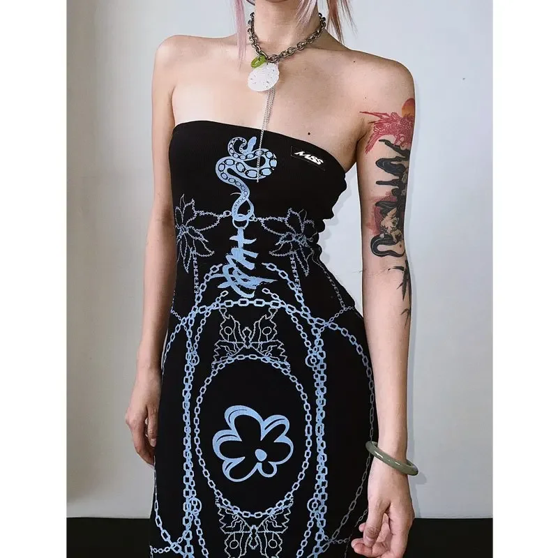 

2025 new Summer Gyaru Grunge Korean Y2K 2000S Split Long Dress Women Gothic Harajuku Sexy Strapless Print Maxi Dresses hotsale