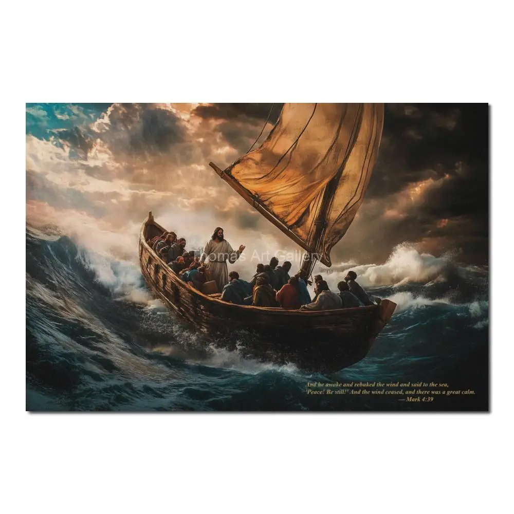 Impression sur toile Jésus calmant la mer agitée, affiche imprimée HD du miracle biblique chrétien, art mural religieux pour salon et couloir