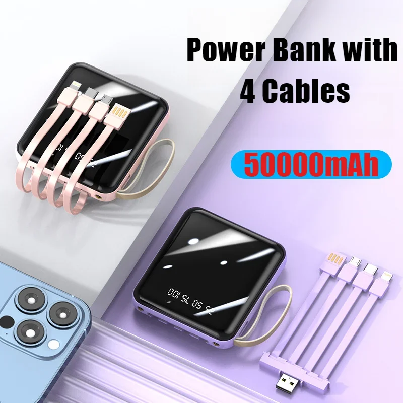 

New Mirror Power Bank Comes with 4 Cables 50000mA Fast Charging External Battery Charger Cases for iphone Series Samsung Xiaomi