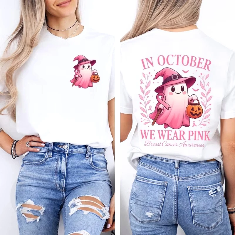 Im Oktober tragen wir rosa: T-Shirt mit grafischem Aufdruck zur Sensibilisierung für Brustkrebs, lässige Oberteile, Halloween, rosa Geister, Damenmode – Detail 15