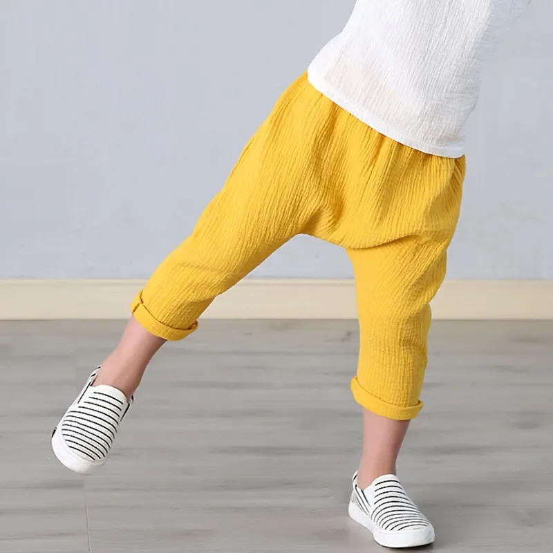 Kids Pants Boy Girl Summer Solid Color Linen Pleated Trousers Children Ankle-length Pants for Baby Boys Pants Casual Harem Pants