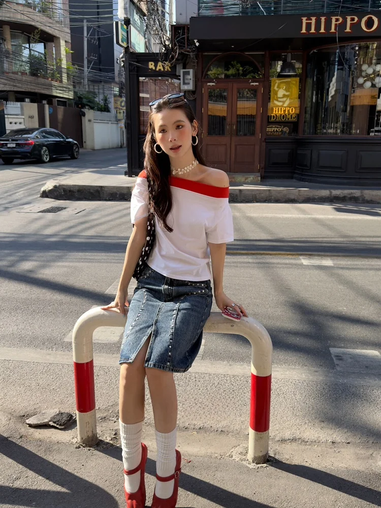 

Женская футболка MMFI2026 Pure Color с открытыми плечами и коротким рукавом, универсальный модный топ в стиле Spicy Girl, повседневный, из хлопка