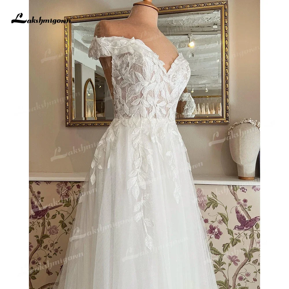 Boho uma linha vestidos de casamento 2025 sexy querida curto fora do ombro rendas apliques para as mulheres tule vestido de noiva varredura