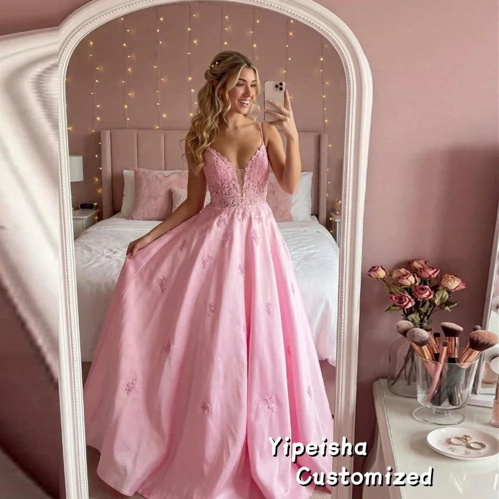 Customized Princess Pink Spaghetti Strap Prom Dress Lace Applique Ball Gown Formal Evening Gown Party Gowns