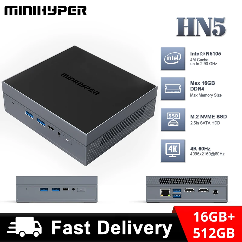 

MiniHyper HN5 Mini PC Intel 11th Gen Celeron N5105 Processor 16GB DDR4 SO-DIMM x2 512GB Storage SSD PCIE DC Jack HDMI USB