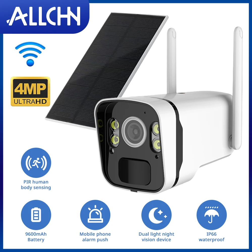 

ALLCHN 4MP Wireless Wifi Solar Camera Outdoor HD PTZ 9600mAh Rechargeable Battery PIR Human Detection Security Protection Camera