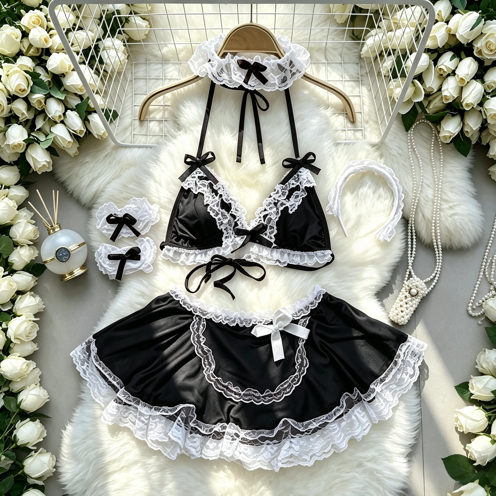 Women Lace Bra Garter Belt Lingerie Uniform Mini Skirts 2PCS Cosplay Maid Underwear Suits Babydoll Dress Sexy Club Hotsweet Sets image 3