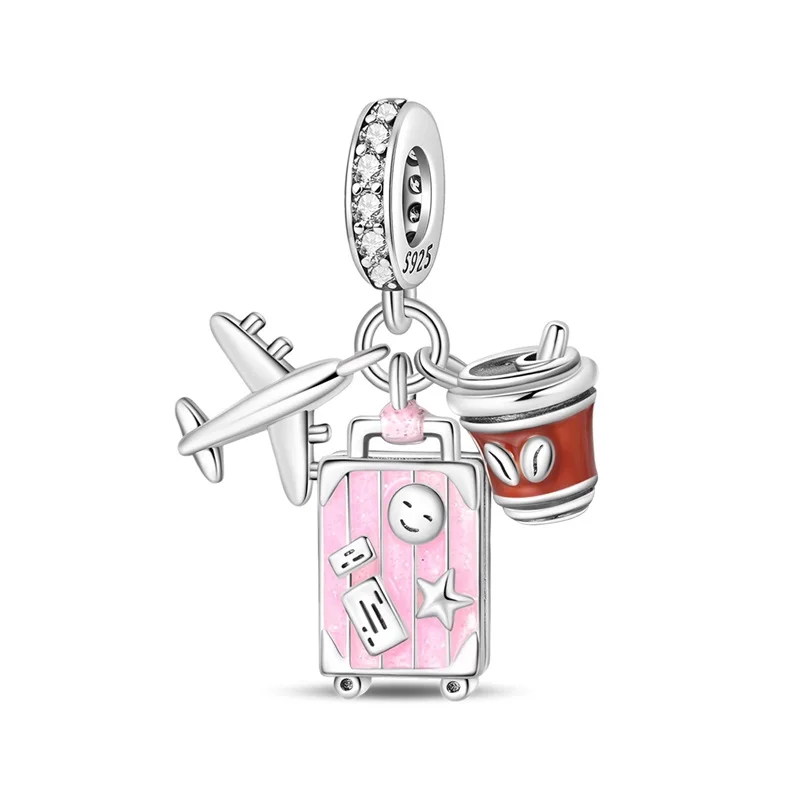 925 Sterling Silver Travel Coffee Three Piece Set Charm Pendant Fit 3mm Original Bracelet DIY Women Anniversary Jewelry Gifts