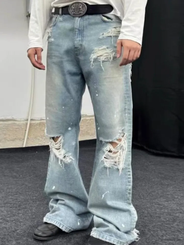 Ripped Brushed Micro Flared Ink Splash Jeans Men's Wide Leg Vintage Washed Blue Long Pants 2026 Spring New 2DZVW