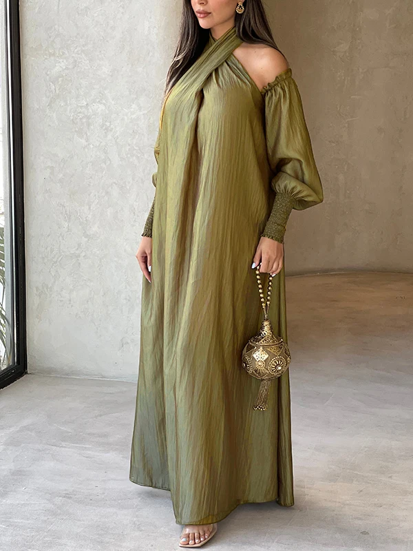 Krisstarsgirls Abaya Dubai Womens Fashion Dresses 2025 Cold Shoulder Puff Sleeves Muslim Party Maxi Dresses for Women Clothing