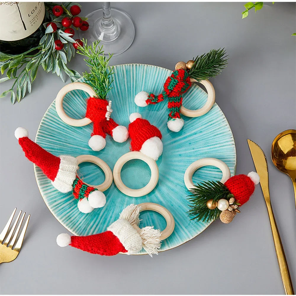 Tempat Serbet Natal dari Kayu, Topi Rajut Natal, Tempat Serbet Syal, Tempat Serbet Rustic Lucu untuk Makan Malam Natal dan Ulang Tahun
