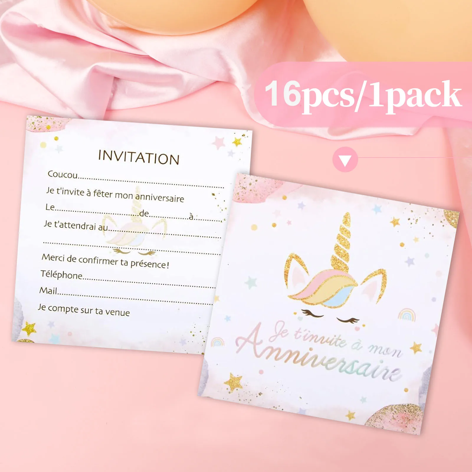 16 Stück French Dream Einhorn-Geburtstagseinladungskarten mit Stern-/Regenbogen-/Gold-Rosa-Stern-Charm-Elementen, geeignet für Jungen und Mädchen