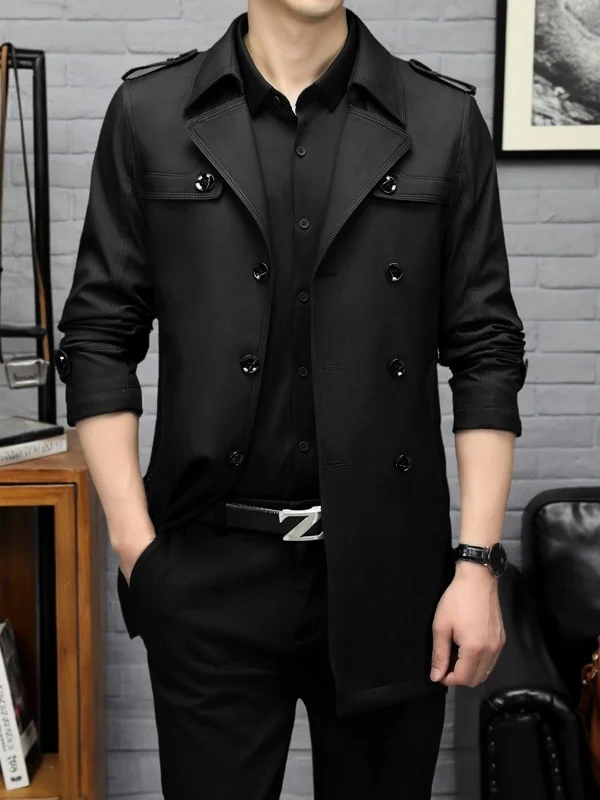 

Men's Mid-Length Bla Jaet Coat Casual Briti Sle Autumn Wear Polyester Fiber Stand Fit Button Decor Iron-Free Proc