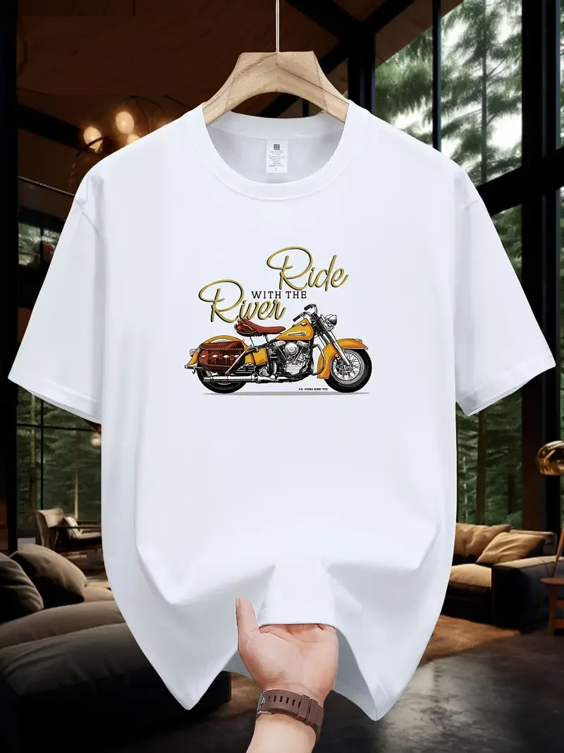 

Men's Casual T-Shirts 100% Cotton White Summer Short Sleeve with Motorcycle Print Streetwear Graphic Tees Y2K 230g