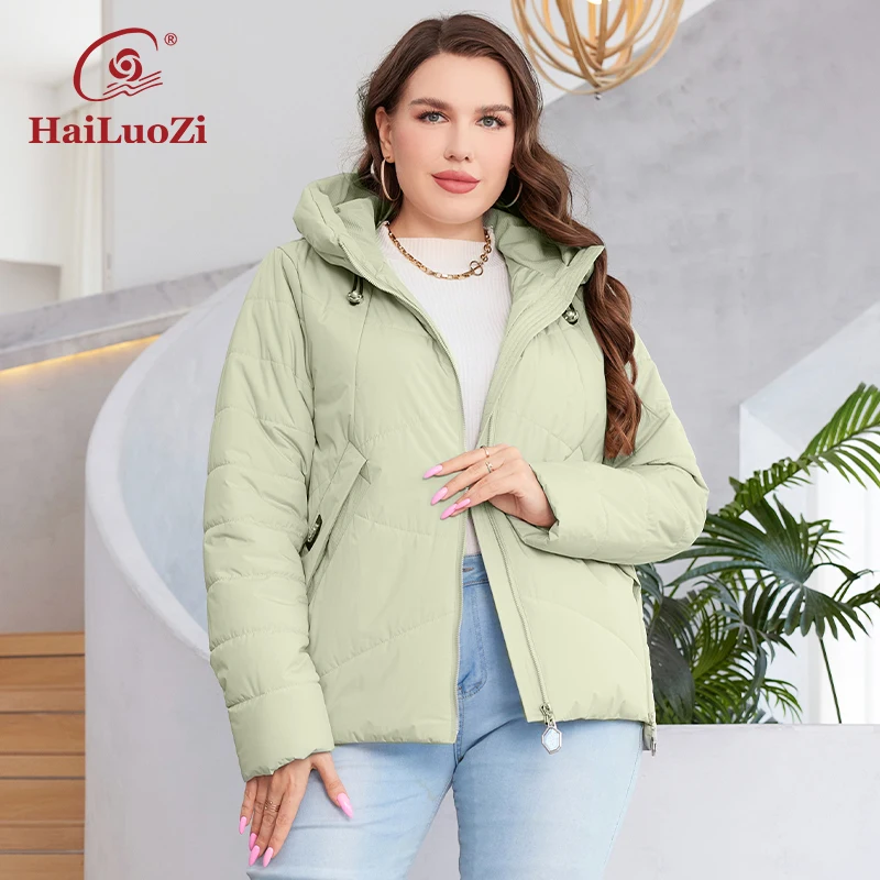 HaiLuoZi New Plus Size Women\'s Jacket Hooded Thin Winter Coats Side Zipper Stylish Quilting Drawstrings Female Parkas 3358