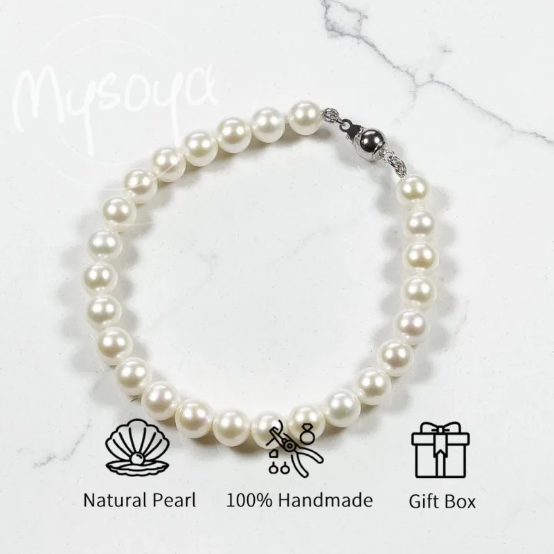 

MYSOYA White Freshwater Pearl Bracelet 5-6mm With Gift Box For Her/Him Birthday/Wedding/Christmas/New Year/Valentine's Day Gift