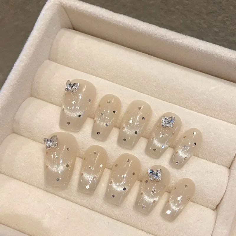 10pcs Handmade Butterfly Diamond Point Long Short Press on Nails False Nail Art Fake Decorated Stick-on Nails Finger for Gluing