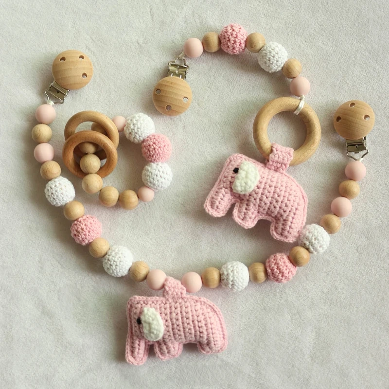 Wooden Baby Pram Clip Toys Baby Gym Hanging Pendants Toys Baby Stroller Rattle Bed Bell Mobile Rattles Silicone Beads Teething