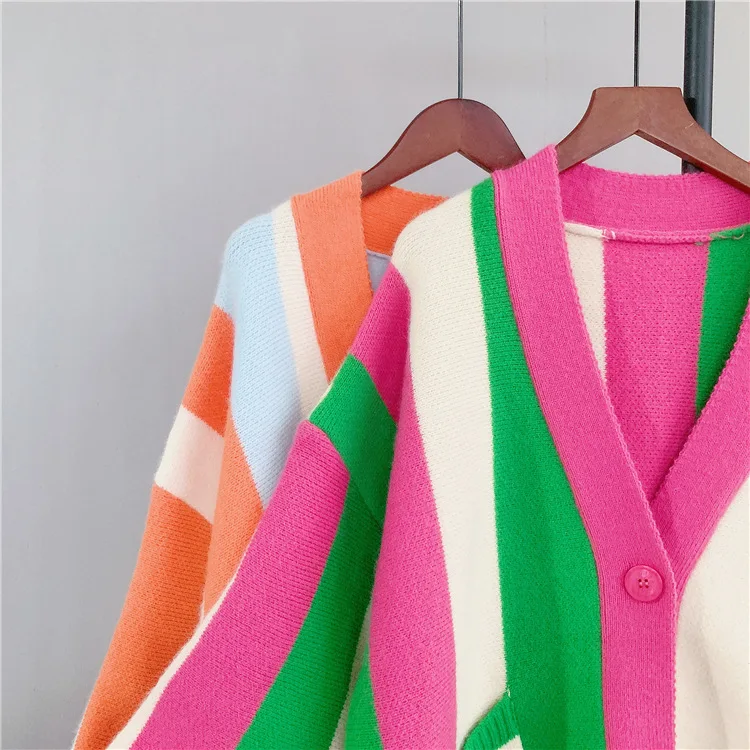 Striped Single Breasted Sweater V Neck Jumpers Knitted Cardigan Long Sleeve Sweaters Casual Loose 2025 Slight Strech Pockets
