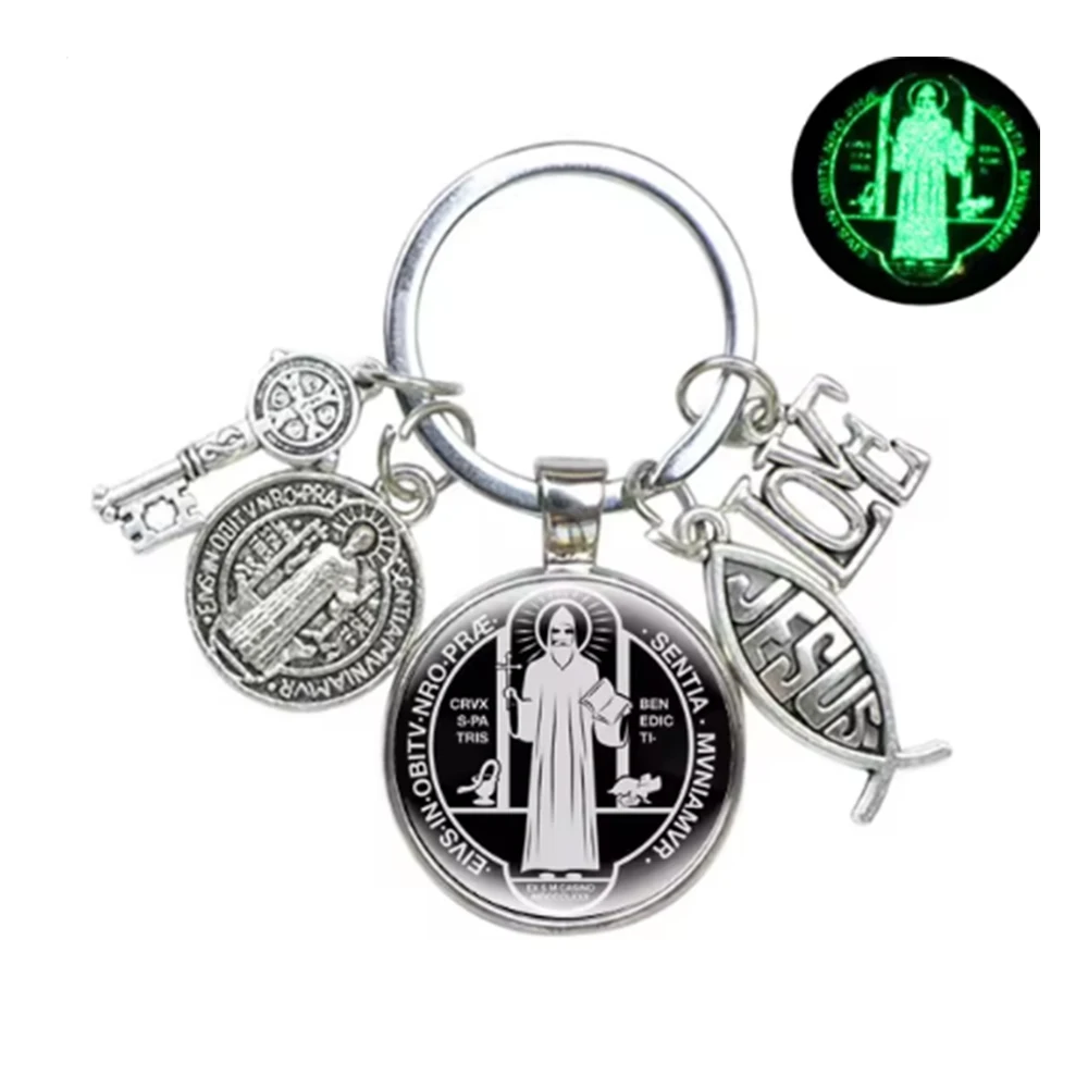 Saint Benedict Medallion Keychain I LOVE JESUS Crafts Charms Domed Glass Catholic San Benito Key Ring Religious Jewelry